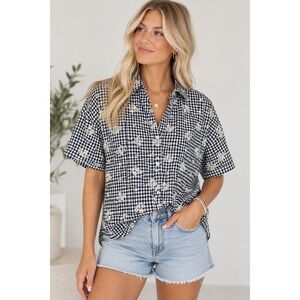 Republic Clothing Corp Gingham Eyelet Embroidered Button Down Shirt Black White